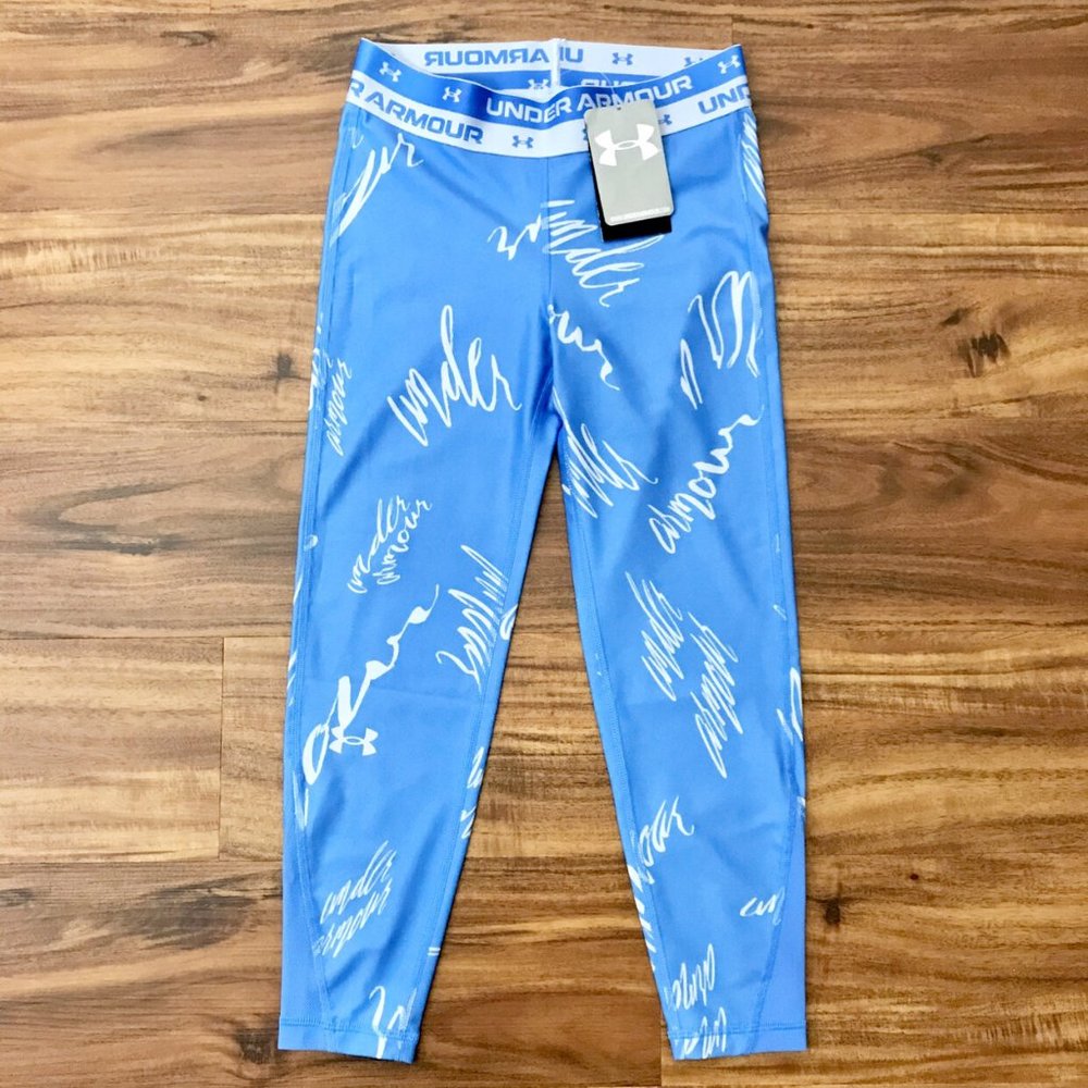 NWT Girls Under Armour Blue Printed Brand Crop Leggings
